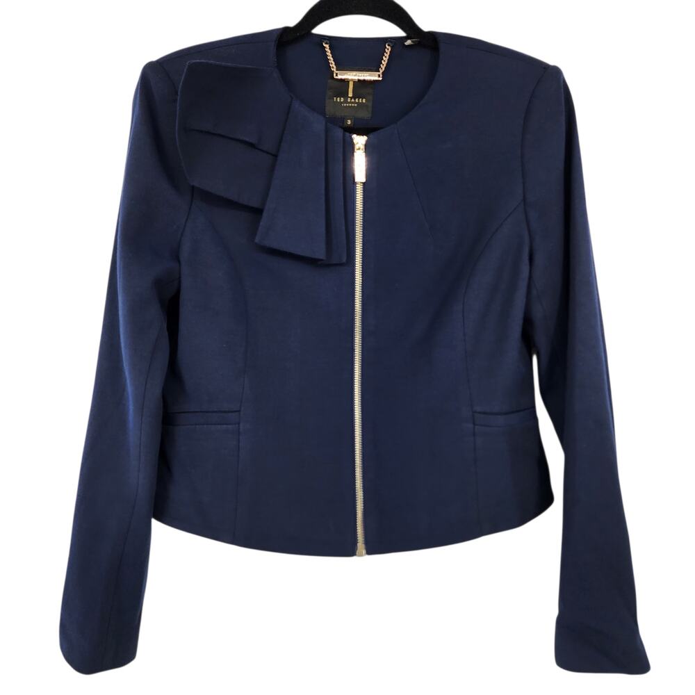 Ted Baker London Navy Blue Zamelii Bow Detail Cropped Zip Blazer Jacket Size 3/M